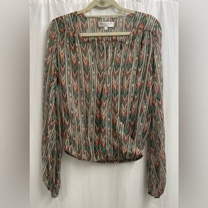 Caroline Constas Long Sleeve, Silk and Chiffon, Green, Beige, Rust & Gold Blouse